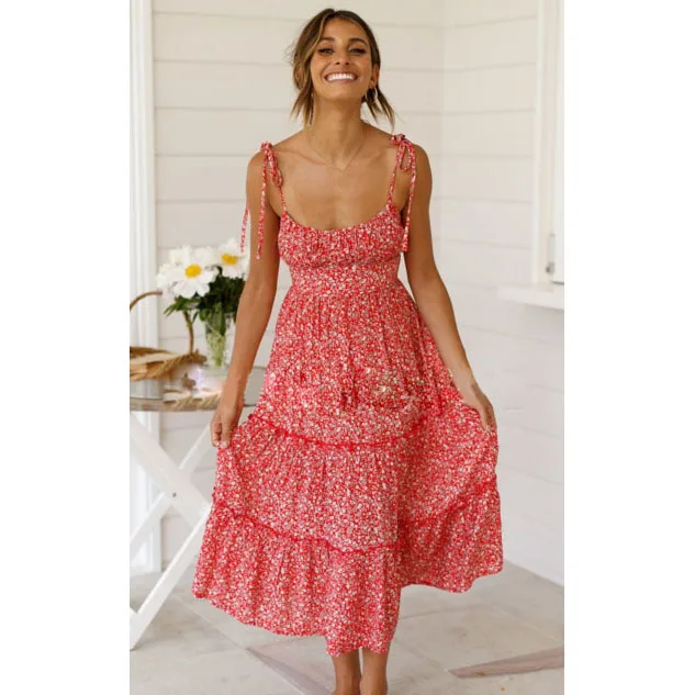

2019 Summer Women Midi Dress Bohemian Lace Up Floral Print Beach Dress Casual Ruffles Floral Print Dress