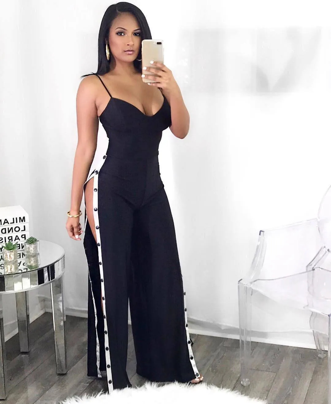 

Women Jumpsuit Sexy Bandage Hollow Out Split Hole Pants Full Length Black Casual Club Jumpsuits