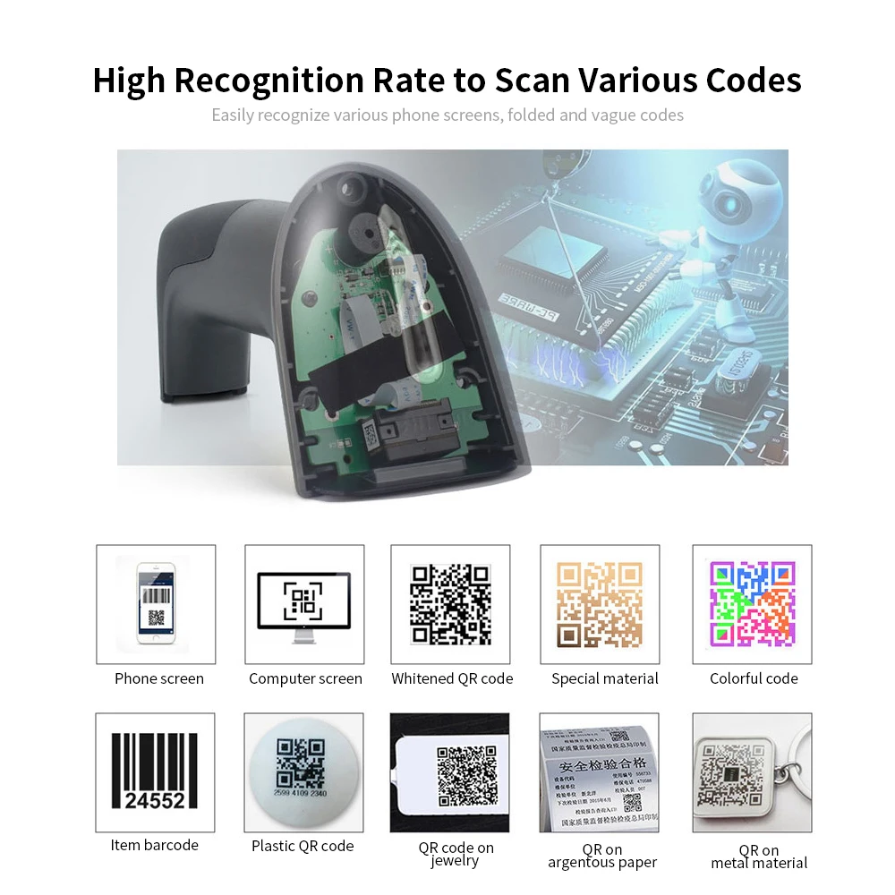 Проводной сканер штрих кода USB универсальный qr код 1D и 2D считыватель кодов для