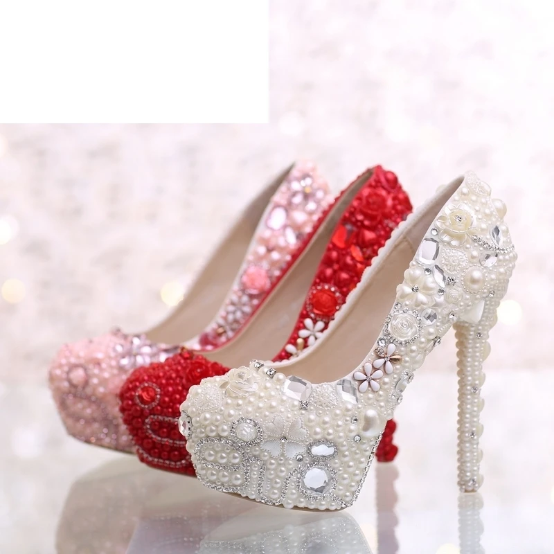 

True Love Pearl Wedding Shoes Pink Color Fashion Luxurious Bridal High Heels Wedding Ceremony Rhinestone Pumps Bridesmaid Shoes