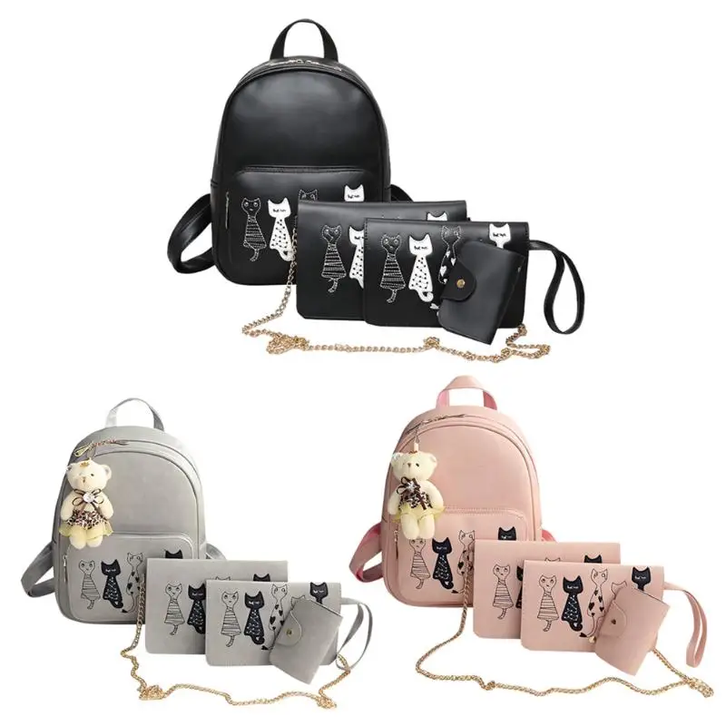 

4pcs/Set Women Cat PU Leather Printing Backpack Composite Bag Bookbags School Rucksack Students Bags for Teenage Girls Bagpack