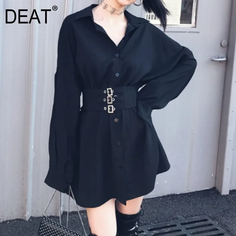 

[DEAT] 2019 spring new Korean style Metal buckle girdle long sleeve lapel single-breasted loose women summer Shirt dress QG14301