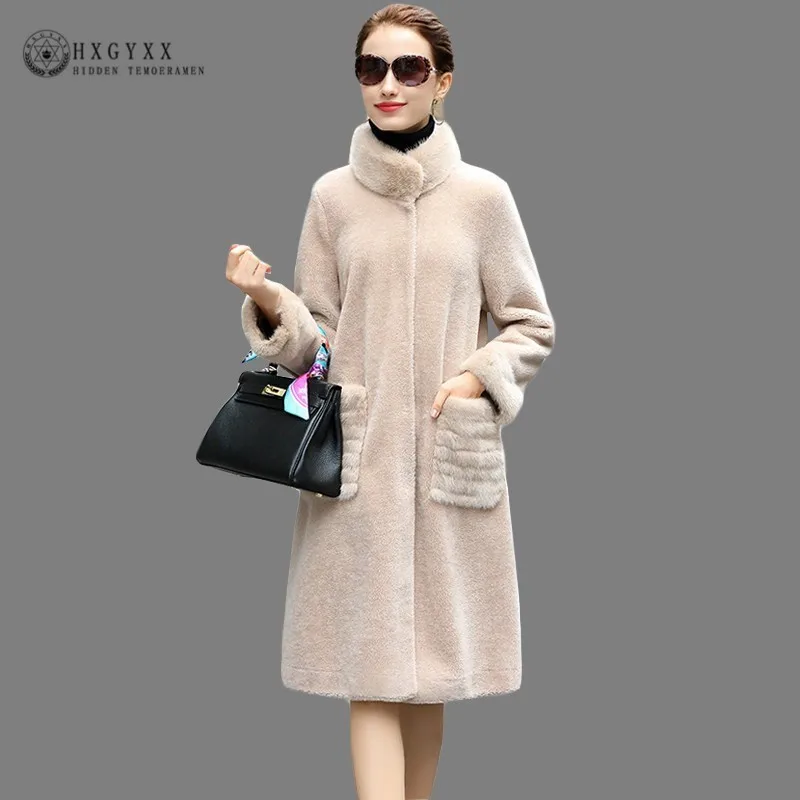

2019 Fashion Mink Stand Collar Natural Fur Coats Women Shearling Jacket Long Plus Size Wool Sheepskin Coat Warm Overcoats Okd694