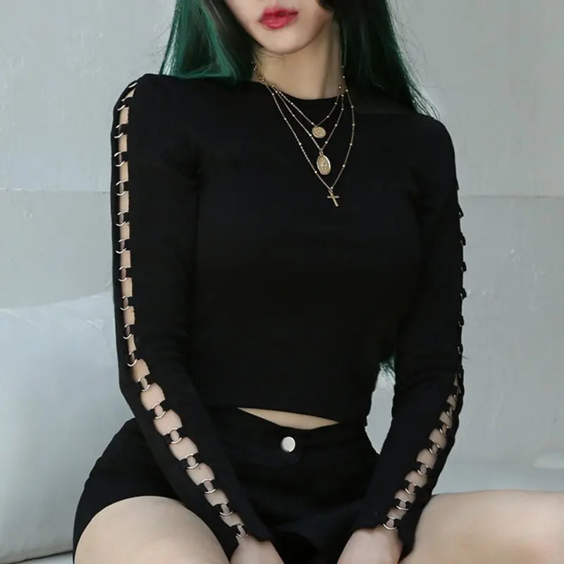 

Rosetic Cropped T Shirt Women Solid Black Slim Casual Knitting Top Trendy Streetwear Club Sexy Hollow Girl Gothic T Shirts