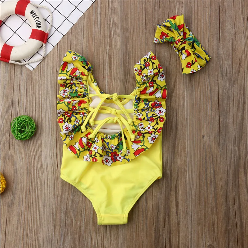 

Fashion Kids Baby Girls Summer Swimwear Sets Floral Ruffle Back Hollow Out Slim Bodysuit+Bow Headband 2Pcs Boho Beachwear 1-5Y