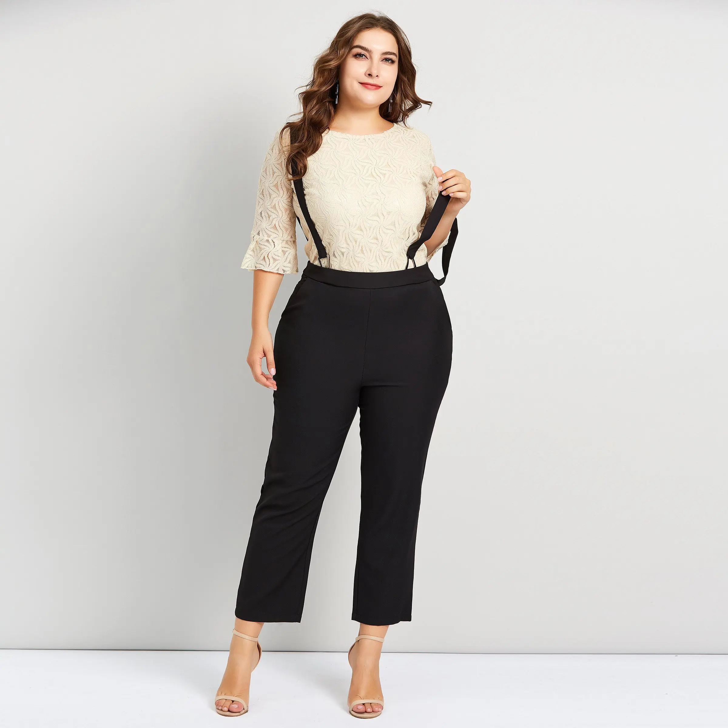 

Plusee Women Sets Plus Size Two Piece Hollow Flare Sleeve T Shirt Black Casual Pants Suspenders Simple Elegant Chic Autumn Suits
