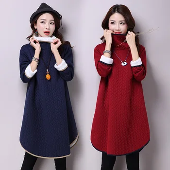

Women Dress Thick Autumn Winter Dress Women Long Sleeve Vintage Large Size Turtleneck Maternity Dress Vestidos Robe Elbise GH477