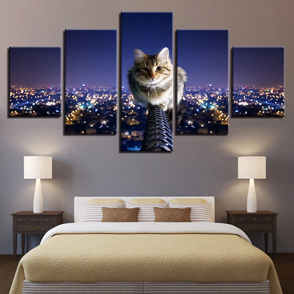 

Wall Picture Modular Art Home Decoration 5 Panel Cat Landscape Living Room HD Printed Modern Painting On Canvas Posters Frame