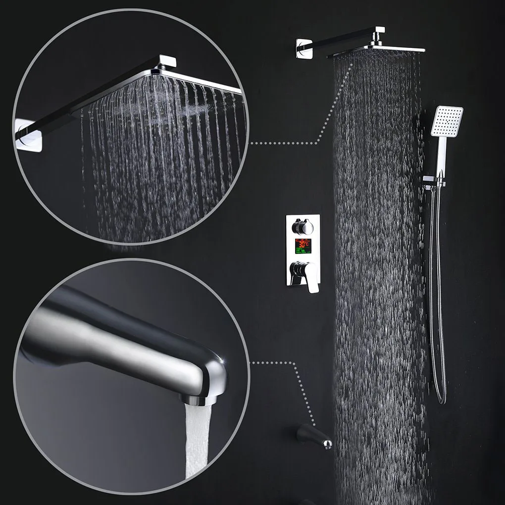 

Bath Rainfall Shower Head 3 Function LED Digital Display Shower Faucet Set Faucet Cartridges Valve 360Degree Rotation Tub Spout
