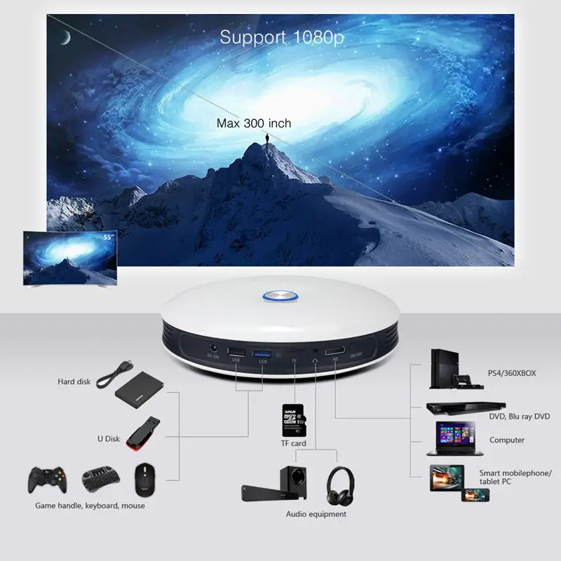  2G 32G Rockchip RK3368 Octa Core Android 6.0 DLP Projector TV Box 3D HD Portable LED Video 1080P Ho