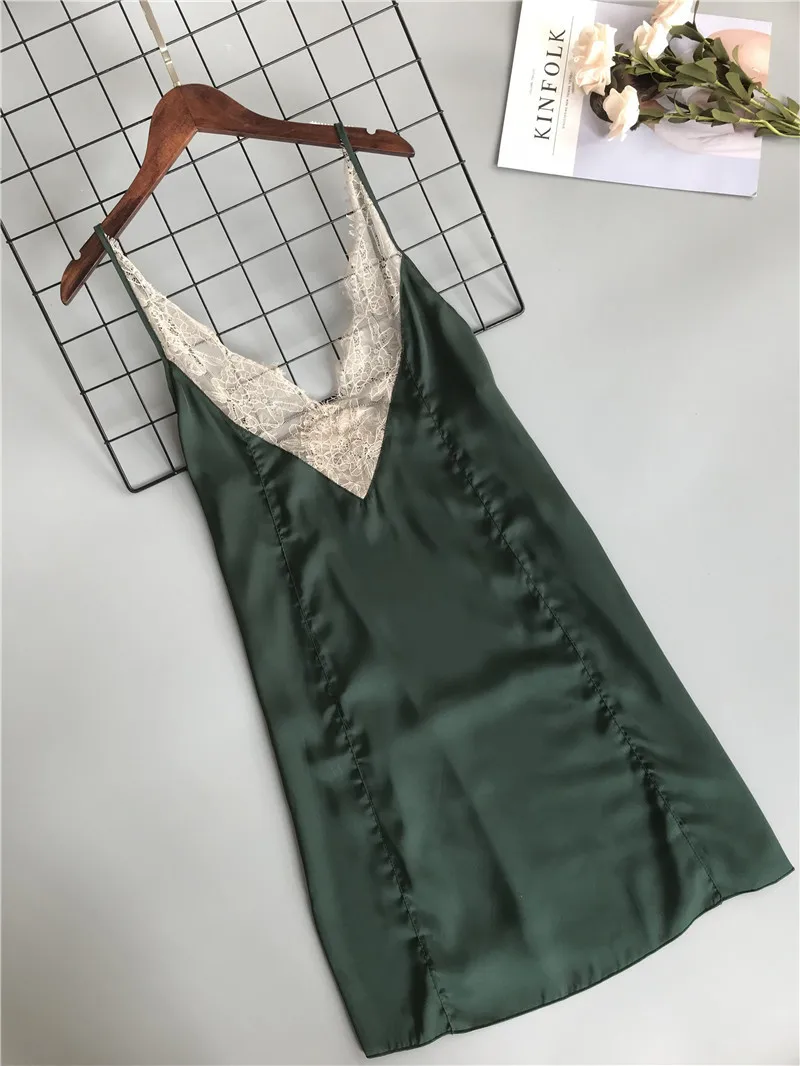 

Spring New Imitate Real Silk Night Skirt Girl Lace Underwear Woman Sexy Nightdress V Lead Camisole Short Nightdress