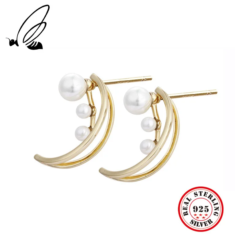 

S925 Sterling Silver Chic Pearl Hollow Moon Stud Earrings For Women Gold Earing Party Cute Accessory Birthday Romantic