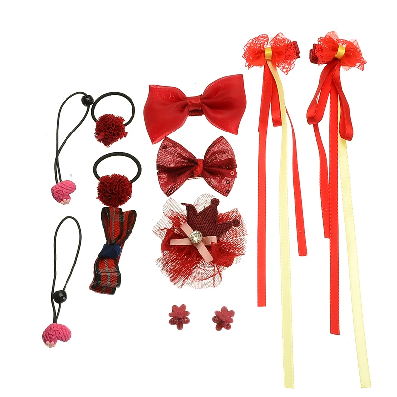 12pcs Baby Hair Accessories Headdress Gift Ribbon Princess Crown Hairpin Bow Rabbit Clip Red |