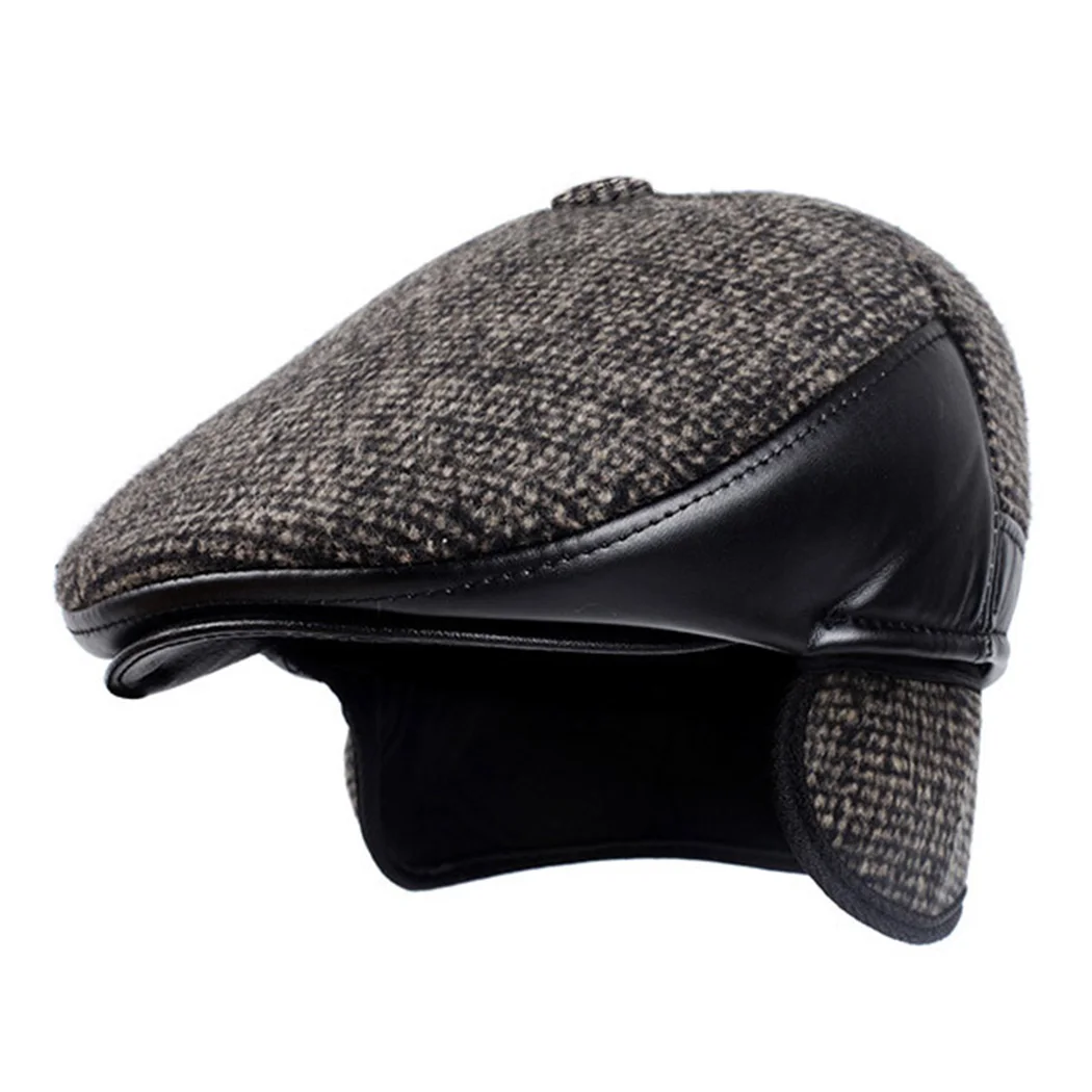 Men Beret Hats With Ear Flap New Winter Thick Warm Wool Flat Caps 2019