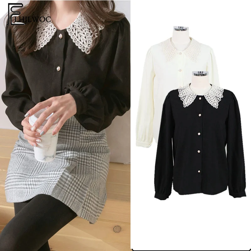 Online 2019 camisas básicas de primavera blusas de mujer caliente Casual de retazos de encaje blanco ahueca hacia fuera la camiseta linda del botón dulce blanco negro 6912