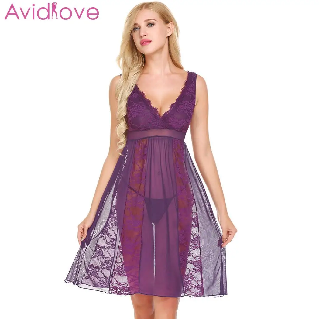 Avidlove Babydoll Тедди белье Sleepear платье Для женщин Сексуальная V шеи Кружева цветочные See Through горячие эротические сексуальное нижнее белье