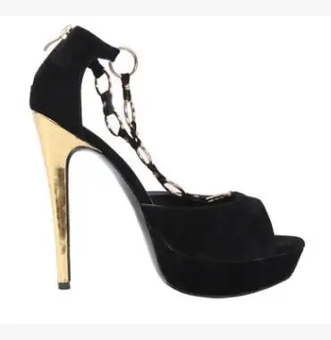 

Women Sexy Banquet Shoes Black Flock Suede Leather Peep Toe Platform Sandal Fashion Gold Chain Decoration Back Zipper High Heels