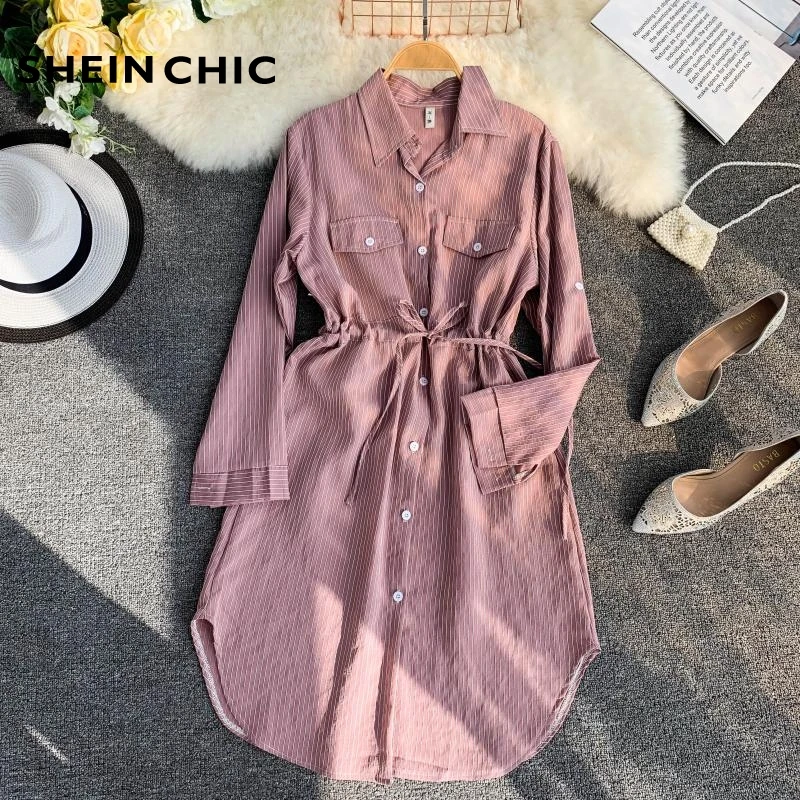 

2019 Summer Women Striped Turn Down Collar Dress Elegant Single Breasted High Waist Long Sleeve Dress Female Casual Vestidos