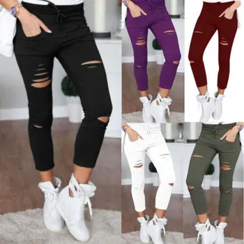 

US Womens Skinny Ripped Hollow Out Skinny Black Green Knee Denim Jeans Pants Pencil Stretch Casual Trousers