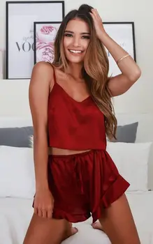 

New fashion red suit sexy Silk hot Women's Satin Silk Pajama Lingerie Nightwear Sleepwear Top Shorts