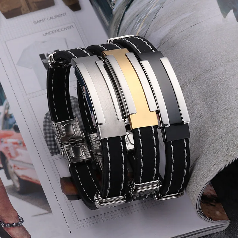 

2017 New Stainless Steel Black Silicone Bracelet For Men Punk Custom Engraved Bracelets & Bangles Armband Engrave Name Arm Band