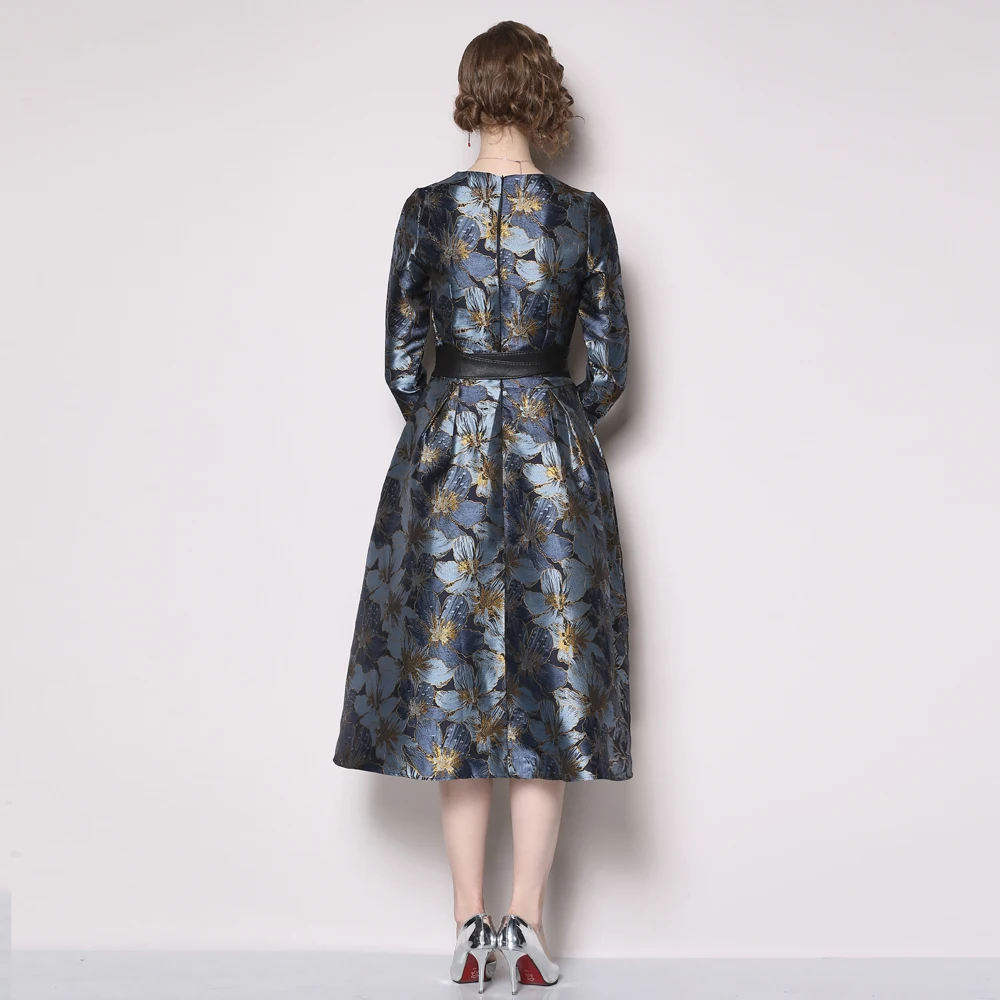 Banulin Fashion Woman Autumn Winter Runway Dress A-line Star Style Female Elegant Dress Long Sleeve OL party Dress Jaqcard Dress
