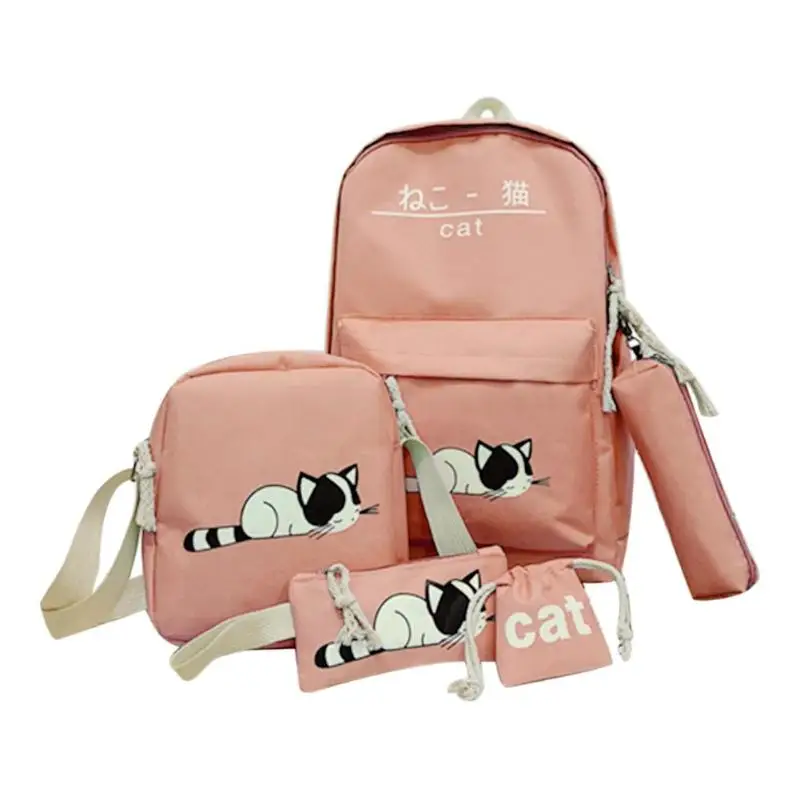 5 шт./компл. милый кот холст рюкзаки для Для женщин модные школьные сумки для активной деятельности, Студенческая, для путешествий, рюкзак сумка Mochila Bolsas feminina