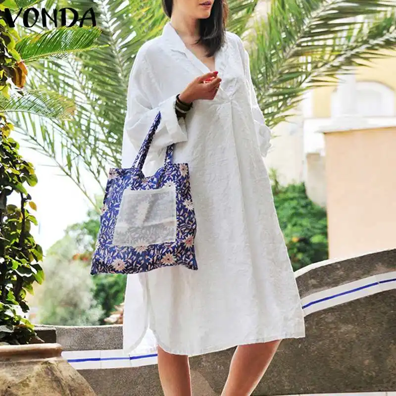 

VONDA Women Cotton White Dress 2019 Autumn Pregnant Sexy V Neck Long Sleeve Casual Maternity Knee-length Plus Size Vestidos 5XL