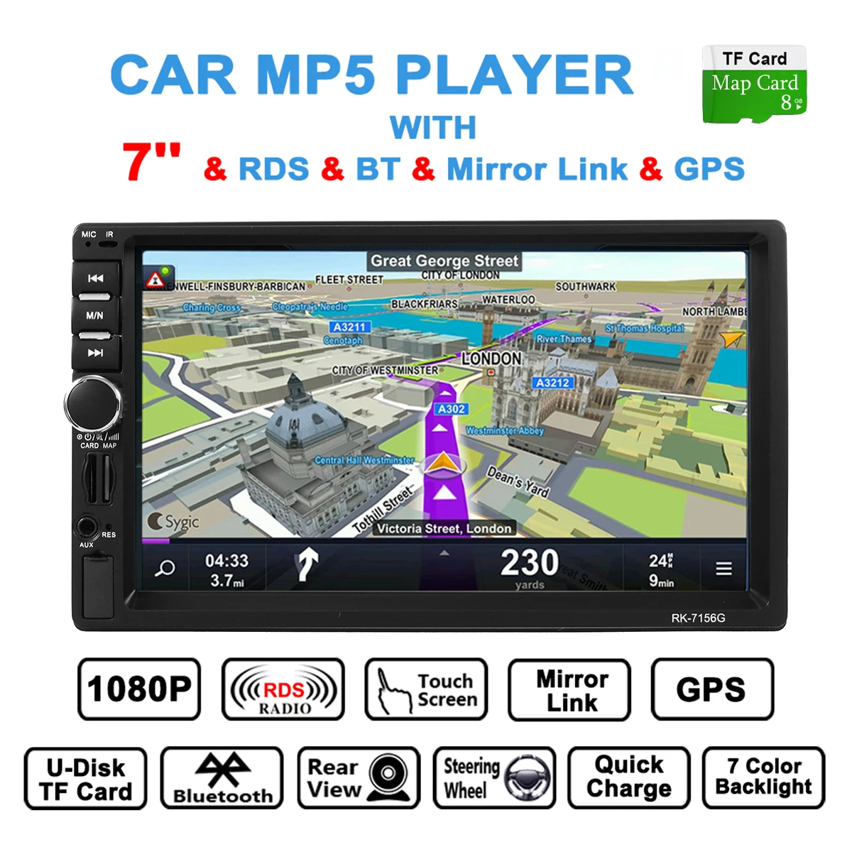 

7 Inch GPS HD for Touch Screen MP5 Player bluetooth FM RDS Quick Charge Mirror Link Cam