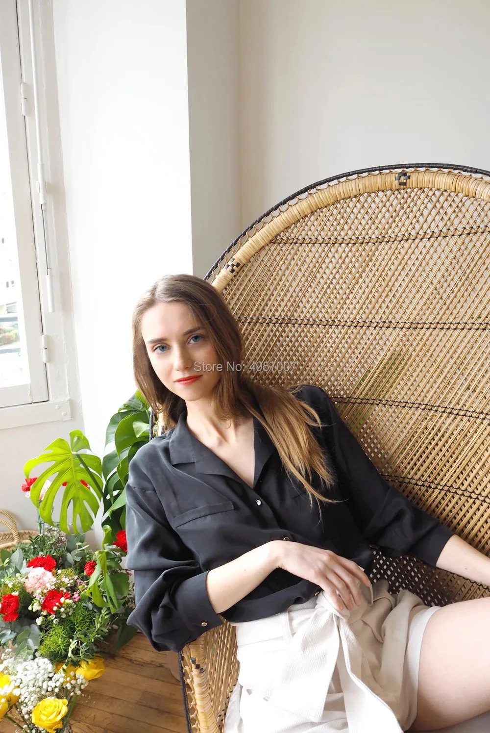 High Quality Silk 100% Notched Neck Blouse Top - 2019 Spring Summer Ladies White/Black Blouse Shirt 2