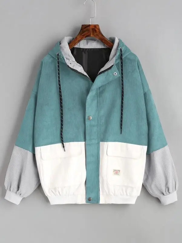 

Kenancy Women Winter Color Block Hooded Corduroy Jacket Coat