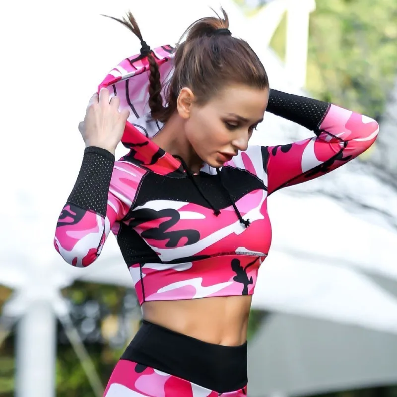 

Seamless Yoga Shirts For Women Hoodies Camouflage Long Sleeve Hooded Jumper Gym Workout Crop Top Running Jacket Fitness Clothes