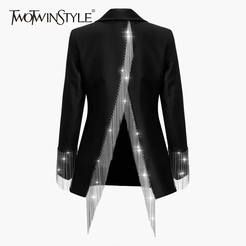 

TWOTWINSTYLE Heavy Chains Tassel Coats Female Long Sleeve Single Button Backless Irregular Overcoat Women 2019 Spring