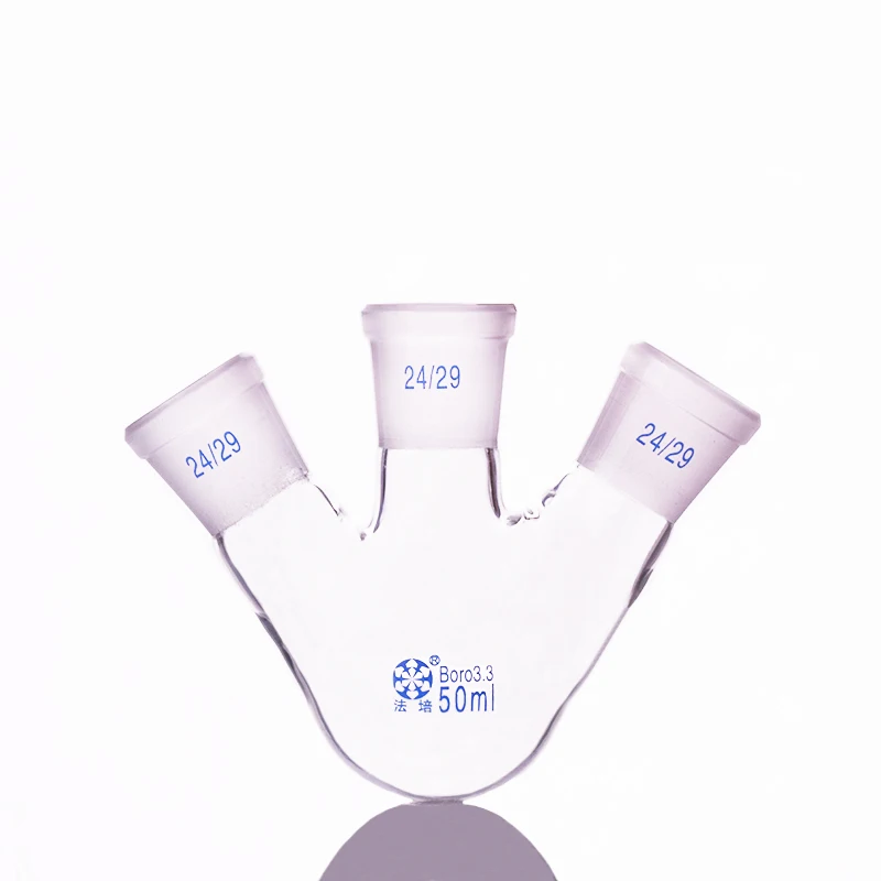 Three-necked flask oblique shape with three necks standard grinding mouth Capacity 50ml Middle joint 24/29 lateral | Канцтовары для