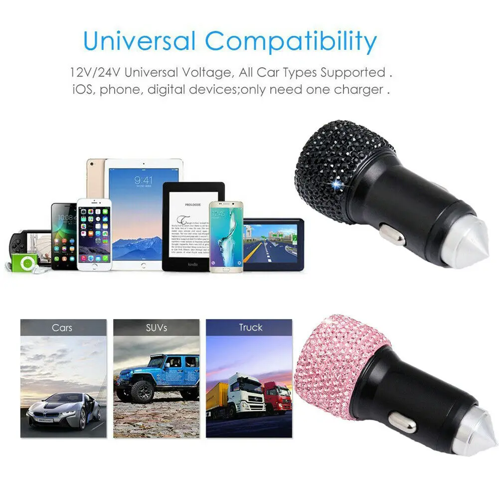 

2 in 1 Dual USB Port Car Charger Safety Hammer Diamond Style for Mobile Phone
