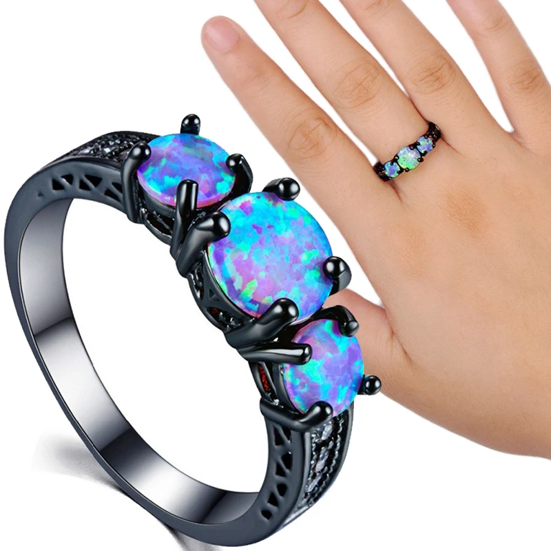 

Black Titanium New Design Jewelry For Women Wedding Rings Bague Femme Oval Rainbow Fire Opal Ring Engagement