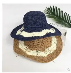 Новый Для женщин летние полосатые соломенная шляпа дышащая пряжа лоскутное шляпа от солнца Для женщин широкими полями Пляж Шапки