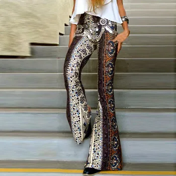 

Women Boho Hippie High Waisted Loose Wide Leg Flared Bell Bottom Flroal Long Pants Ladies' Sexy New Slim Pants Hot Sale Fashion