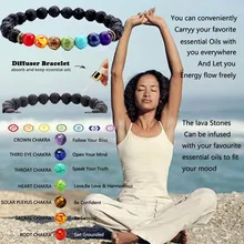 Pulseira de contas de lava natural feminina, 7 chakra, pulseira com pedras de lava natural, equilíbrio de cura, reiki, buda, pulseira com difusor de yoga