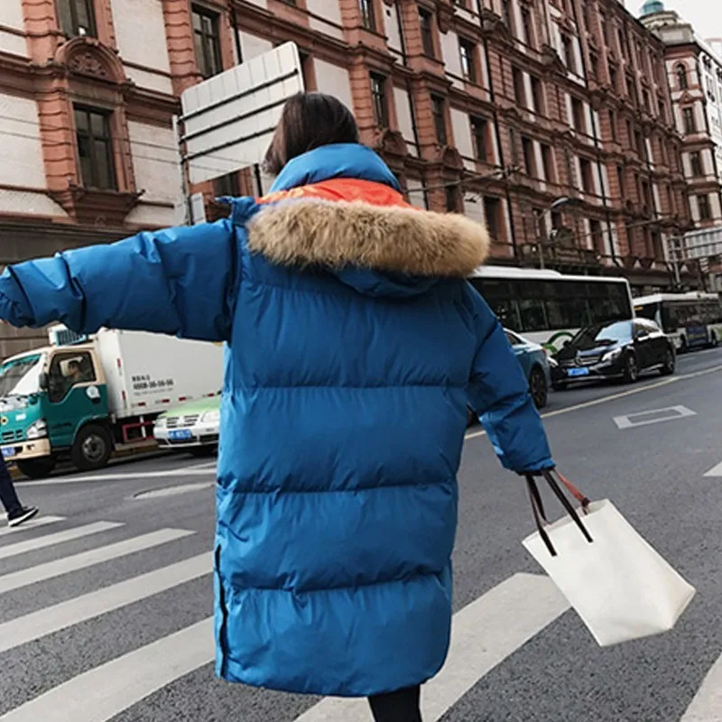 Manteau Bleu Long Grand Fourrure Vers Parka Veste Hiver Ls140 Coton Lâche Femmes Mode Pardessus Le Chaud Nouveau Épais Rembourré Col Bas De twTq77I