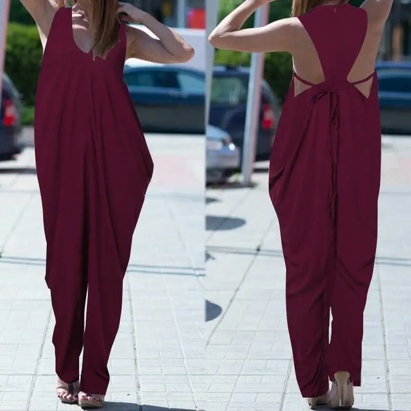 

2019 Summer Pantalon Overalls Rompers Women Baggy Jumpsuits ZANZEA Sexy Backless Tank Playsuits Oversized Combinaison Femme 5XL