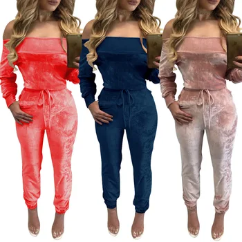 

Fashion Strapless Long Sleeve Sexy Pleuche Women Casual Jumpsuit New Pattern