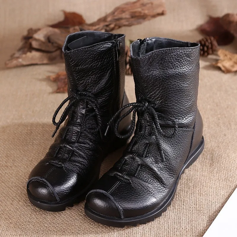

2018 Vintage Style Genuine Leather Women Boots Flat Botas Soft Cowhide Women Shoes Front Zip Ankle Boots