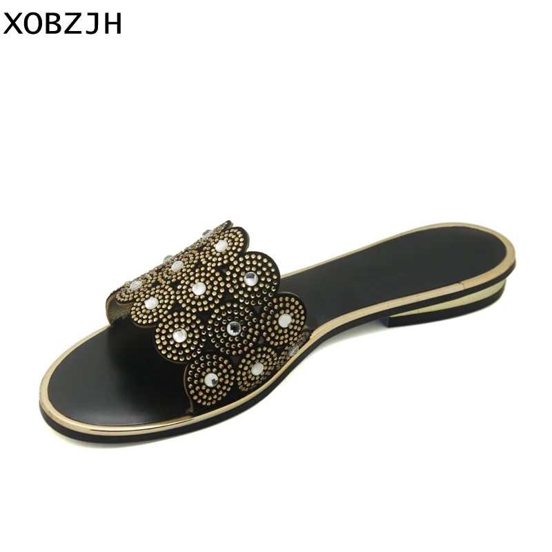 

Women Shoes 2019 Summer Sandals Black Luxury Rhinestone Flat Sandals Fashion Wedding Party Open Toe Lady Shoes Plus Size XOBZJH