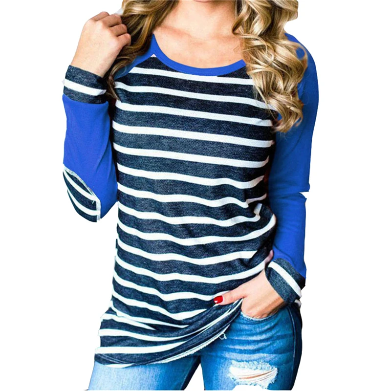 

2019 Fashion Stripe T-Shirt Women Elbow Patch Female Raglan T Shirts Long Sleeve Harajuku Plus Size Ladies Tops 3XL Mujer