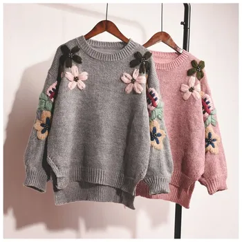 

Women Casual Floral Beading Sweater Pullover Embroidery Knitted Sweater Loose Solid Sweater Jumper Pull Femme