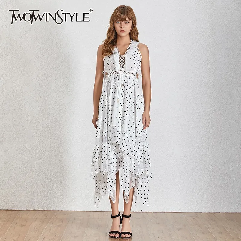 

TWOTWINSTYLE Summer V Neck Hollow Out Dot Women's Dress Sleeveless Off Shoulder Ruffle Asymmetrical Dresses Female Fashion 2019