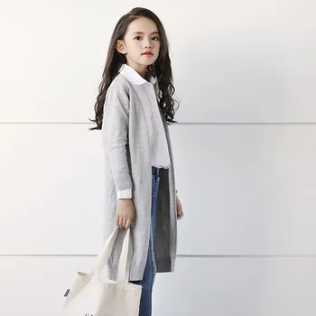 

Spring 2019 Fashion X Long Knit Trench Coats For Teenage Girls Solid Cotton V-neck Kids Overcoat Children Outerwear Top Clothing