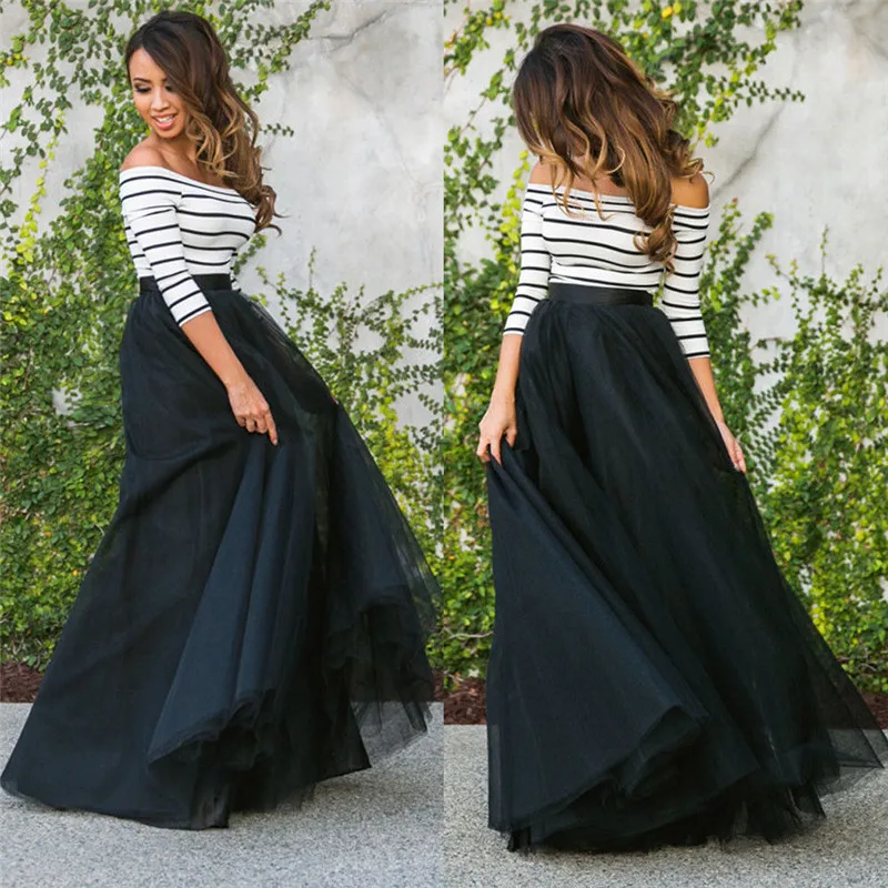 

Female Fashion 7 Layer Tulle Women Vintage Dress Off Shoulder Long Sleeve Rockabilly Tutu Petticoat Ball Gown