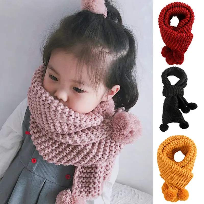 

Lovely Kids Baby Girls Winter Scarf Kid Pom Pom Ball Knit Warm Scarves Warm Neck Warmer Scarves Knitting 4 colors